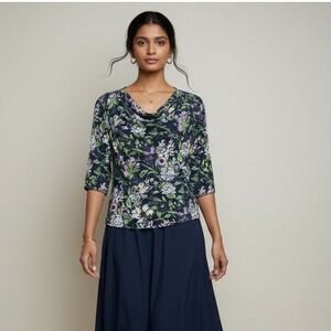 Vian Hunter Womens 100% Silk Cowl Neck Floral Blouse Navy Blue Size M
